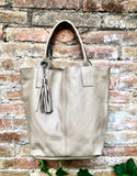 BEIGE tote leather shopper in GENUINE leather. Large carry all tote bag for your laptop, books. Leather shopper w/ lining + zipper