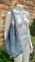 Denim blue leather shopper bag in genuine suede. Slouchy blue gray carry all tote bag for laptops,tablets, books. Grey - blue suede purse