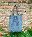 Denim blue leather shopper bag in genuine suede. Slouchy blue gray carry all tote bag for laptops,tablets, books. Grey - blue suede purse