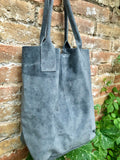 Denim blue leather shopper bag in genuine suede. Slouchy blue gray carry all tote bag for laptops,tablets, books. Grey - blue suede purse