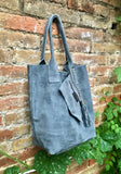 Denim blue leather shopper bag in genuine suede. Slouchy blue gray carry all tote bag for laptops,tablets, books. Grey - blue suede purse