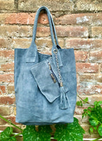 Denim blue leather shopper bag in genuine suede. Slouchy blue gray carry all tote bag for laptops,tablets, books. Grey - blue suede purse