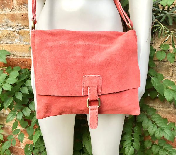 Peach crossbody suede bag. LiGht coral RED GENUINE leather bag. BOHO coral pink suede purse. Messenger bag in suede for books, tablets...