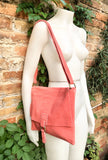 Peach crossbody suede bag. LiGht coral RED GENUINE leather bag. BOHO coral pink suede purse. Messenger bag in suede for books, tablets...