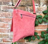 Peach crossbody suede bag. LiGht coral RED GENUINE leather bag. BOHO coral pink suede purse. Messenger bag in suede for books, tablets...