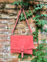 Peach crossbody suede bag. LiGht coral RED GENUINE leather bag. BOHO coral pink suede purse. Messenger bag in suede for books, tablets...