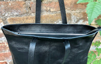 BLACK shoulder leather bag with zipper. Genuine leather shopper bag. Large BLACK tote bag for your laptop, books. Black leather purse.