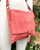 Peach crossbody suede bag. LiGht coral RED GENUINE leather bag. BOHO coral pink suede purse. Messenger bag in suede for books, tablets...