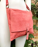 Peach crossbody suede bag. LiGht coral RED GENUINE leather bag. BOHO coral pink suede purse. Messenger bag in suede for books, tablets...