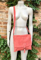 Peach crossbody suede bag. LiGht coral RED GENUINE leather bag. BOHO coral pink suede purse. Messenger bag in suede for books, tablets...