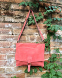 Peach crossbody suede bag. LiGht coral RED GENUINE leather bag. BOHO coral pink suede purse. Messenger bag in suede for books, tablets...