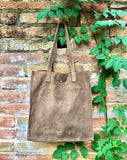 Tote suede leather bag in light brown .Soft natural genuine leather shopper bag. Taupe suede shopper. Blue shoulder bag. Tan suede purse