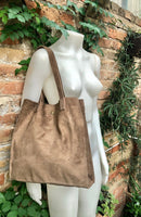 Tote suede leather bag in light brown .Soft natural genuine leather shopper bag. Taupe suede shopper. Blue shoulder bag. Tan suede purse