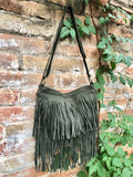 Cross body fringe bag. BOHO suede leather bag in GREEN with FRINGES. Larger model. genuine suede crossbody hippy bag. Green fringed bag