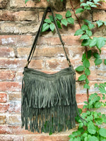 Cross body fringe bag. BOHO suede leather bag in GREEN with FRINGES. Larger model. genuine suede crossbody hippy bag. Green fringed bag