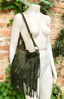 Cross body fringe bag. BOHO suede leather bag in GREEN with FRINGES. Larger model. genuine suede crossbody hippy bag. Green fringed bag