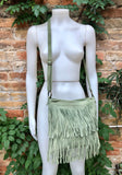 Cross body fringe bag. BOHO suede leather bag in GREEN with FRINGES. Larger model. genuine suede crossbody hippy bag. Green fringed bag