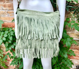 Cross body fringe bag. BOHO suede leather bag in GREEN with FRINGES. Larger model. genuine suede crossbody hippy bag. Green fringed bag