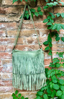 Cross body fringe bag. BOHO suede leather bag in GREEN with FRINGES. Larger model. genuine suede crossbody hippy bag. Green fringed bag