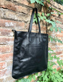 BLACK shoulder leather bag with zipper. Genuine leather shopper bag. Large BLACK tote bag for your laptop, books. Black leather purse.