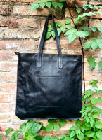 BLACK shoulder leather bag with zipper. Genuine leather shopper bag. Large BLACK tote bag for your laptop, books. Black leather purse.