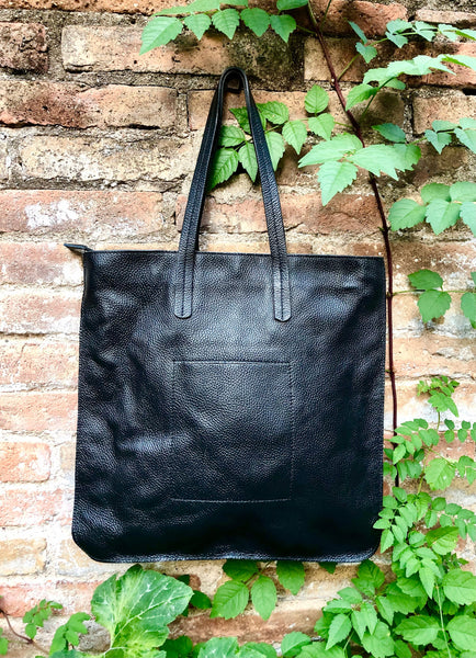 BLACK shoulder leather bag with zipper. Genuine leather shopper bag. Large BLACK tote bag for your laptop, books. Black leather purse.