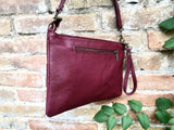 Small leather bag in burgundy. GENUINE leather crossbody bag. Wine red purse with zipper and remomable wistlet. Dark red leather bag