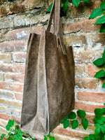 Tote suede leather bag in light brown .Soft natural genuine leather shopper bag. Taupe suede shopper. Blue shoulder bag. Tan suede purse