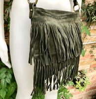 Cross body fringe bag. BOHO suede leather bag in GREEN with FRINGES. Larger model. genuine suede crossbody hippy bag. Green fringed bag