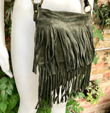 Cross body fringe bag. BOHO suede leather bag in GREEN with FRINGES. Larger model. genuine suede crossbody hippy bag. Green fringed bag