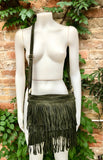 Cross body fringe bag. BOHO suede leather bag in GREEN with FRINGES. Larger model. genuine suede crossbody hippy bag. Green fringed bag