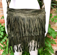 Cross body fringe bag. BOHO suede leather bag in GREEN with FRINGES. Larger model. genuine suede crossbody hippy bag. Green fringed bag