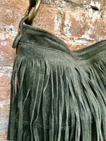 Cross body fringe bag. BOHO suede leather bag in GREEN with FRINGES. Larger model. genuine suede crossbody hippy bag. Green fringed bag