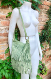 Cross body fringe bag. BOHO suede leather bag in GREEN with FRINGES. Larger model. genuine suede crossbody hippy bag. Green fringed bag