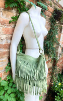 Cross body fringe bag. BOHO suede leather bag in GREEN with FRINGES. Larger model. genuine suede crossbody hippy bag. Green fringed bag