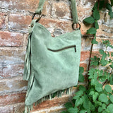 Cross body fringe bag. BOHO suede leather bag in GREEN with FRINGES. Larger model. genuine suede crossbody hippy bag. Green fringed bag