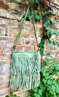 Cross body fringe bag. BOHO suede leather bag in GREEN with FRINGES. Larger model. genuine suede crossbody hippy bag. Green fringed bag