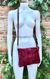 Burgundy suede leather bag . Cross body / shoulder bag in GENUINE leather. Small wine red suede purse + adjustable strap and zipper.