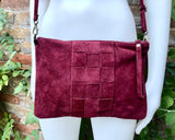 Burgundy suede leather bag . Cross body / shoulder bag in GENUINE leather. Small wine red suede purse + adjustable strap and zipper.