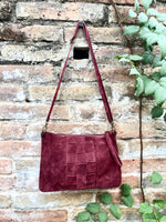 Burgundy suede leather bag . Cross body / shoulder bag in GENUINE leather. Small wine red suede purse + adjustable strap and zipper.