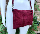 Burgundy suede leather bag . Cross body / shoulder bag in GENUINE leather. Small wine red suede purse + adjustable strap and zipper.