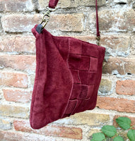 Burgundy suede leather bag . Cross body / shoulder bag in GENUINE leather. Small wine red suede purse + adjustable strap and zipper.