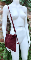 Burgundy suede leather bag . Cross body / shoulder bag in GENUINE leather. Small wine red suede purse + adjustable strap and zipper.