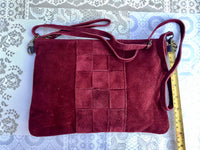 Burgundy suede leather bag . Cross body / shoulder bag in GENUINE leather. Small wine red suede purse + adjustable strap and zipper.