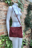 Burgundy suede leather bag . Cross body / shoulder bag in GENUINE leather. Small wine red suede purse + adjustable strap and zipper.