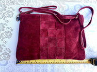 Burgundy suede leather bag . Cross body / shoulder bag in GENUINE leather. Small wine red suede purse + adjustable strap and zipper.