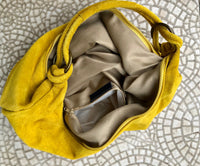 Yellow suede slouchy bag with ZIPPER + lining. Soft natural suede shopper, genuine leather bag. yellow suede purse .Hobo suede bag