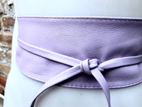 Light purple obi belt in soft genuine leather. LONGER option. Wrap belt in mauve. Wraparound waist belt in lavender genuine leather.