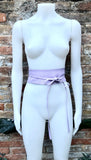 Light purple obi belt in soft genuine leather. LONGER option. Wrap belt in mauve. Wraparound waist belt in lavender genuine leather.