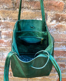 Tote leather bag in metallic green. GENUINE leather shopper. Large carry all bag for your laptop, books. Dark green large leather purse